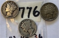 1936,1942,1943 3 Mercury Silver Dimes
