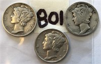 1939,1944D,1945D 3 Mercury Silver Dimes