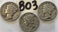 1942D,1944D,1945 3 Mercury Silver Dimes