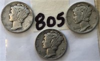 1937,1943S,1945D 3 Mercury Silver Dimes