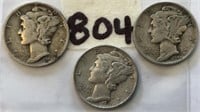 1941S,1944,1944S 3 Mercury Silver Dimes