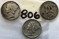 1938D,1942D,1945D 3 Mercury Silver Dimes