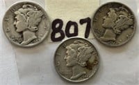 1940D,1942D,1944 3 Mercury Silver Dimes