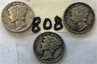 1935S,1942S,1944 3 Mercury Silver Dimes