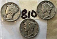 1939D,1941D,1941D 3 Mercury Silver Dimes