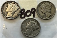 1941,1943S,1944 3 Mercury Silver Dimes