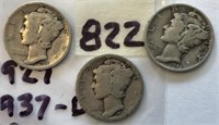1927,1937D,1942 3 Mercury Silver Dimes