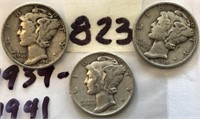 1939D,1941,1942 3 Mercury Silver Dimes