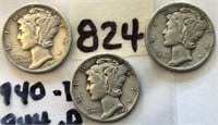 1940D,1944D,1944S 3 Mercury Silver Dimes
