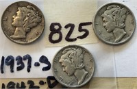 1937S,1942D,1945S 3 Mercury Silver Dimes