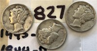 1945D,1944D,1944S 3 Mercury Silver Dimes