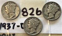 1937D,1942,1944D 3 Mercury Silver Dimes