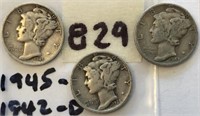 1945S,1942D,1933S 3 Mercury Silver Dimes