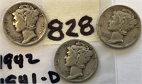 1942,1941D,1937 3 Mercury Silver Dimes