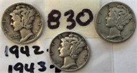 1942D,1943D,1944 3 Mercury Silver Dimes