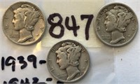 1939S,1942S,1945D 3 Mercury Silver Dimes