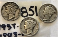 1937D,1943D,1944 3 Mercury Silver Dimes