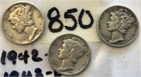 1942D,1943,1944D 3 Mercury Silver Dimes