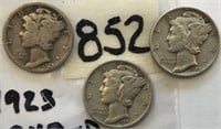 1923,1940D,1941 3 Mercury Silver Dimes