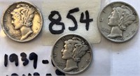 1939D,1942S,1943 3 Mercury Silver Dimes