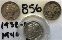 1938D,1940,1942D 3 Mercury Silver Dimes