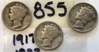 1917S,1927,1943D 3 Mercury Silver Dimes