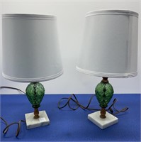Pair of Vintage Green Glass Table Lamps with