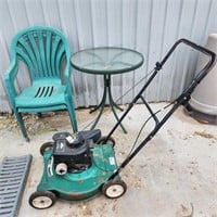 2 patio chairs, Patio Table, Mower as is