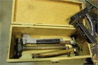 Wood Tool Box c/w Hammers, Staplers, etc