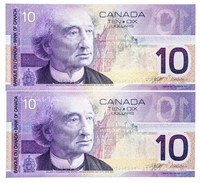 Bank of Canada Lot of 2 x 2001 $10 "FEG" in Sequ