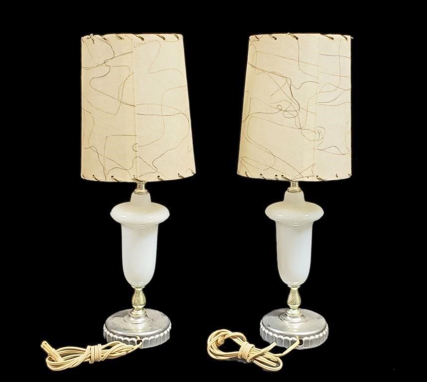 VINTAGE MCM MILK GLASS TABLE LAMPS w/ SHADES