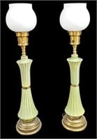 MCM GREEN PORCELAIN & BRASS MATCHING TABLE LAMPS