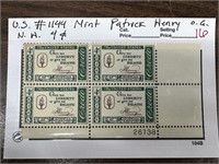 1144 STAMP BLOCK PATRICK HENRY OG NH W PL #