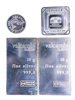 Lot .999 Fine Pure Silver Bullion - 3 Bars & 1 Rou