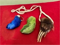 FUR PAW NECKLACE & 2 RABBIT FOOT KEYCHAINS