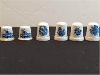 6pc Blue Glaze Porcelain Thimbles Delft & Others