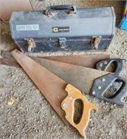 John Deere tool box & hand saws