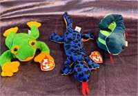 Lot of 3 Ty Beanie Babies Frog Lizard Snake