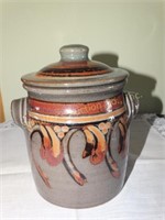 Signed pottery lidded crock, 6"h