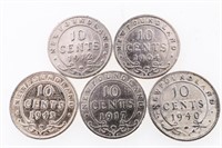 Lot 5 NFLD. Silver 10 cents 1904,1912,1917,1940,19