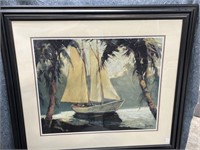 Sailing, Signed Picture Framed in Dark Wood Style