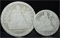 1891 Seated Liberty Silver Dime & Quarter