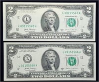 Pair of Sequential 1917 A $2 FRN Banknote Crisp