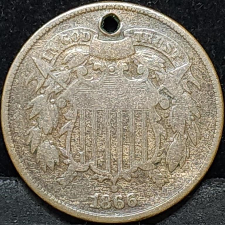 1866 Two Cent Piece, Holed