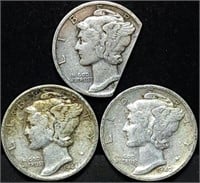 3 Mercury Silver Dimes, One of them Clipped