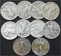 10 Walking Liberty Silver Half Dollars 1917 to 194