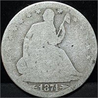1874 Arrows Seated Liberty Silver Half Dollar