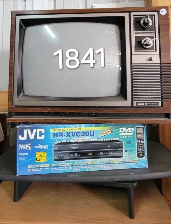 Old HITACHI TV, VHS/DVD PLAYER, BLACK STAND