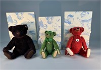 3 Steiff Bears  in Boxes Brown, Green, Red