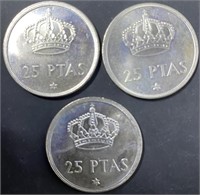 Spanish 25 Pesetas Coin Trio